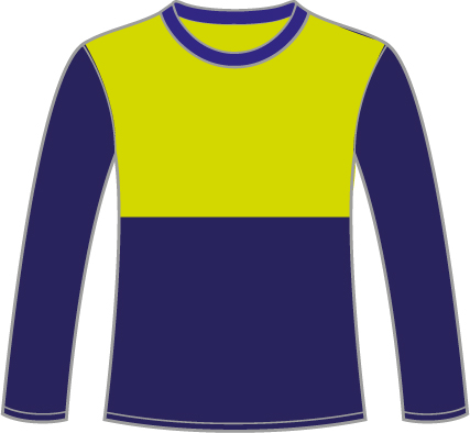 AL413BIR-ALGODON Camiseta bicolor amarilla/marino, tejido P liso, manga larga, canesu y pecho en amarillo, cuello, mangas y bajos en marino. 100% algodon