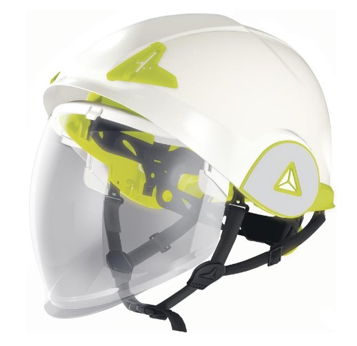 Casco de seguridad de doble carcasa con visera retractil, color blanco, tamaño ajustable