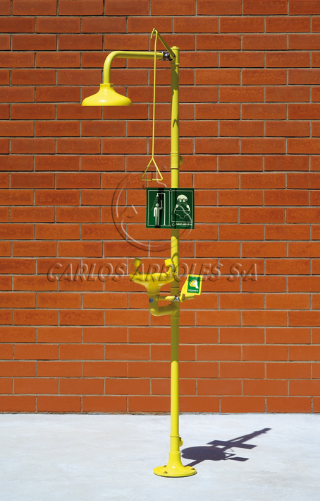 DUCHA LAVA OJOS sobre pedestal, dos rociadores de agua aireada de gran caudal a baja presion, 76x27x22cm