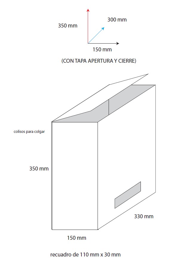 Urna de metacrilato transparente, 330x150x350mm, tapa, agujeros laterales, recuadro dispensador 110x30
