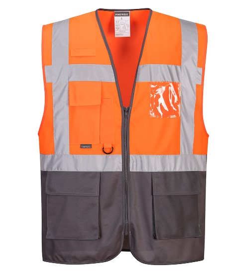 Chaleco Executive Warsaw, bicolor, varios bolsillos, cremallera central, cintas reflectantes, 100% poliester