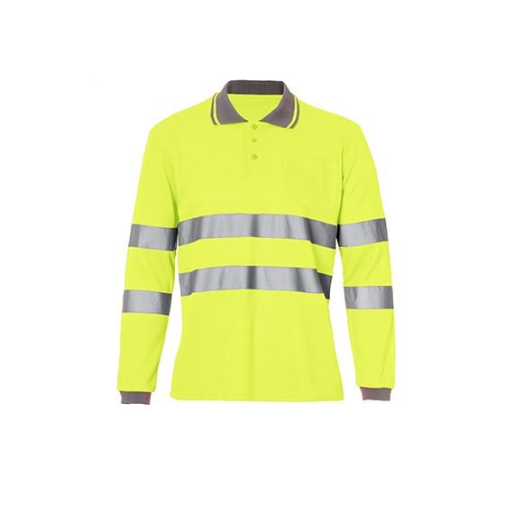 Polo calado monocolor, manga larga, bolsillo pecho, transpirable, 2 bandas reflectantes, 55% Algodon-45% Poliester