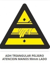 [RD38611] Señal triangular adhesiva de vinilo, "Peligro Atencion Manos", 9x9cm