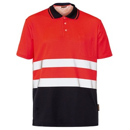 Polo manga corta, bicolor, doble cara, 2 bandas reflectantes torso, bolsillo en pecho, 45% Poliester-55% Algodoon.