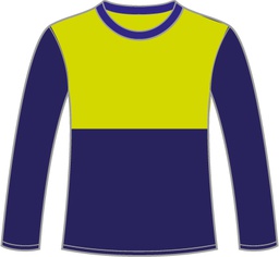 AL413BIR-ALGODON Camiseta bicolor amarilla/marino, tejido P liso, manga larga, canesu y pecho en amarillo, cuello, mangas y bajos en marino. 100% algodon