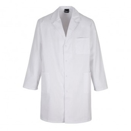 Bata basica unisex, manga larga, con corchetes, 3 bolsillos, color blanco, Sarga, 67% poliester-33% algodon. SAGER