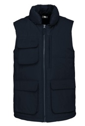 Chaleco acolchado multibolsillos, 100%poliester, cuello acolchado, cordon ajustable en bajo, cierre con cremallera de plastico.