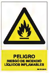 [RD30018] Señal, " PELIGRO DE INCENDIO, LIQUIDO INFLAMABLE", PVC 0,7mm 210X300mm