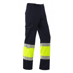 Pantalon laboral combinado de alta visibilidad. Multibolsillos, Dos bandas reflectantes, 65% poliester y 35% algodon, 190 grs