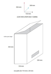 [URNA de METACRILATO 330x150x350] Urna de metacrilato transparente, 330x150x350mm, tapa, agujeros laterales, recuadro dispensador 110x30